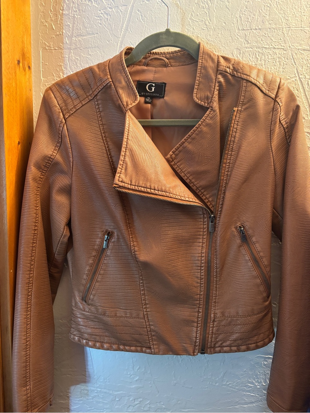 G by Giuliana Cognac Faux Leather Moto Jacket